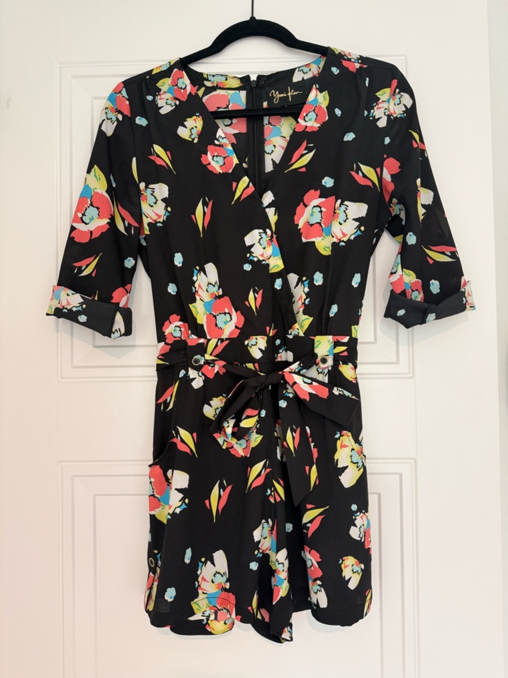 Floral Black Romper with Belt